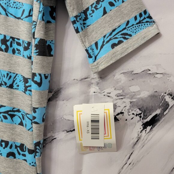 LuLaRoe Irma Tunic Top XS Gray Blue Black Floral Stripe Hi-Low Hem - Picture 3 of 8